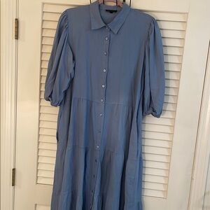 Magari Slate Blue 3/4 Puff Sleeve Button Down Tiered Pocketed Sundress